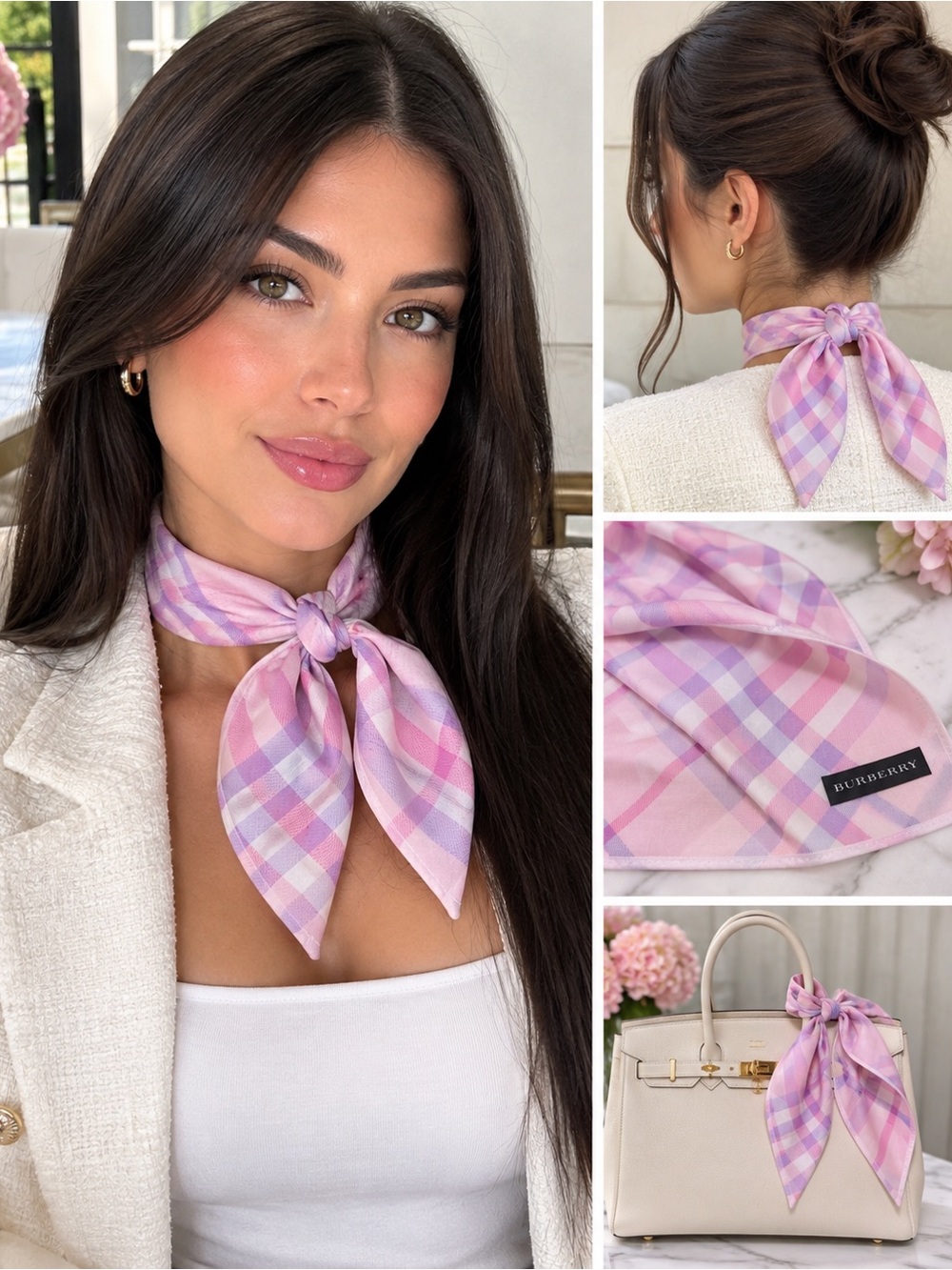 BURBERRY Pink & Purple Plaid Square Silk Neckerchief Scarf Bandana 🌸✨